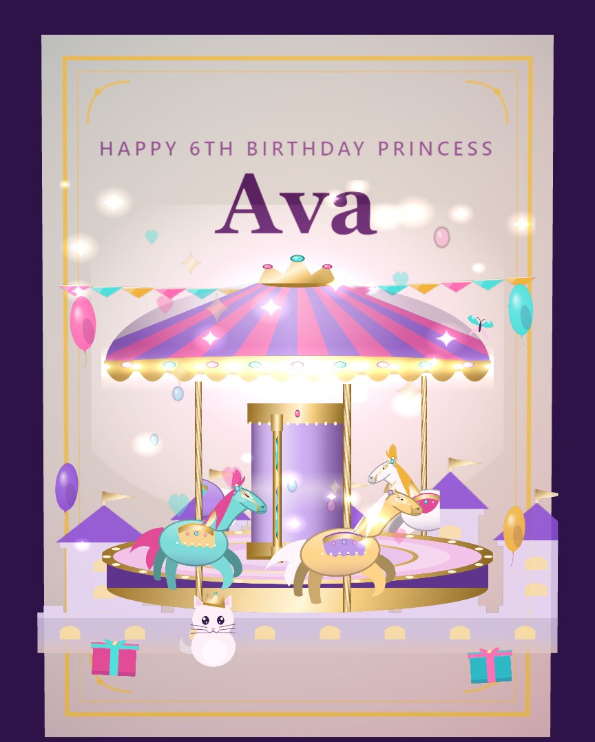 Princess Carousel — A glowing princess carousel turns in front of a castle, with their name and age on the cover. Made for little princesses and fairytale fans.