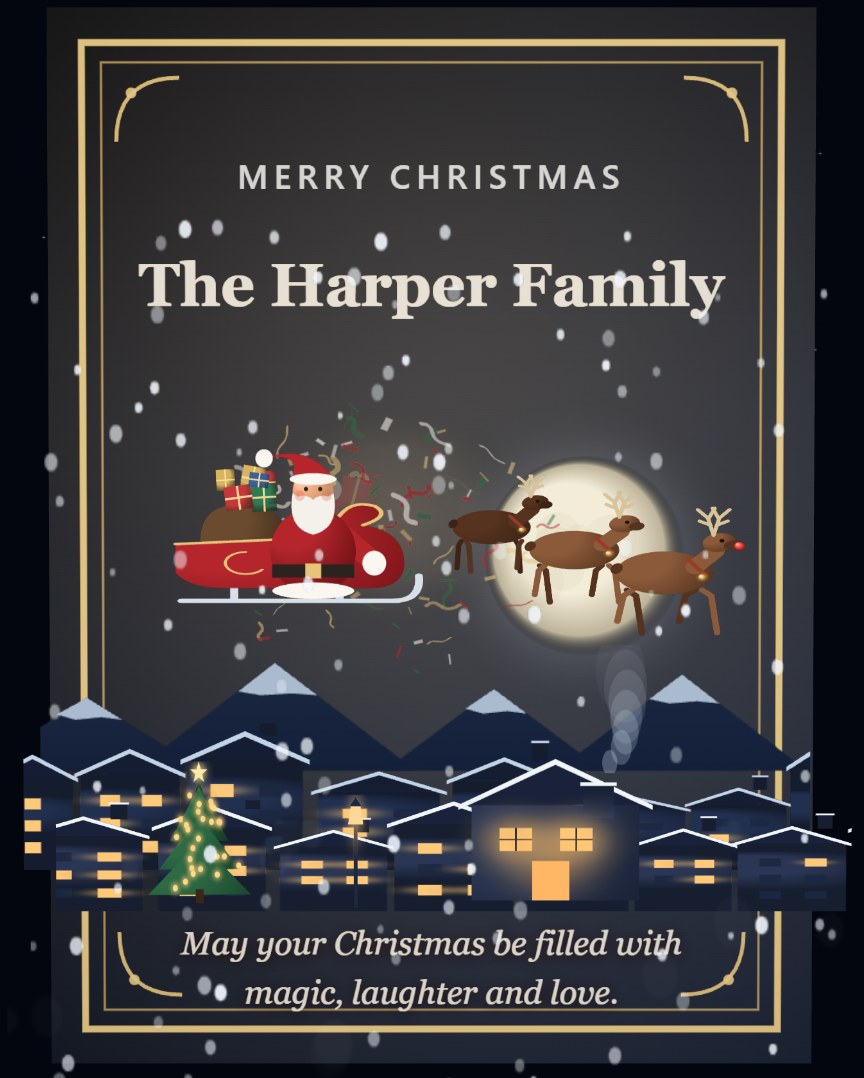 A Christmas Eve Flight card cover: Santa's sleigh and reindeer cross a moonlit sky above a snowy town, stop over the rooftops to throw a present that bursts in red, green and gold, then fly on. Snow falls across the whole card and the lights blink around the message inside.