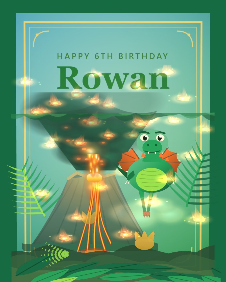 Dragons — A friendly dragon flies past an erupting volcano in a jungle, with their name and age on the cover. Made for kids who love dragons and dinosaurs.