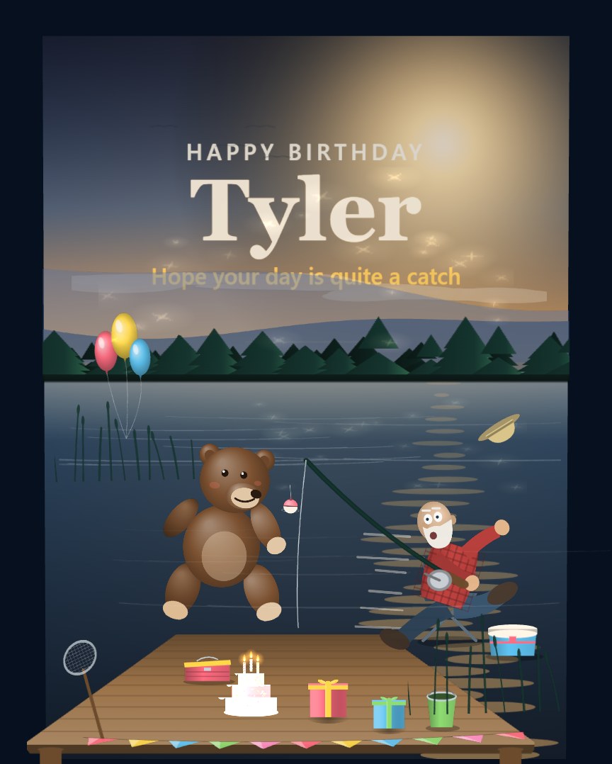 Quite A Catch — A bear sneaks off with the birthday fishing rod on a lakeside dock at sunset. A funny birthday card for anglers, dads, grandads and anyone who loves the outdoors.