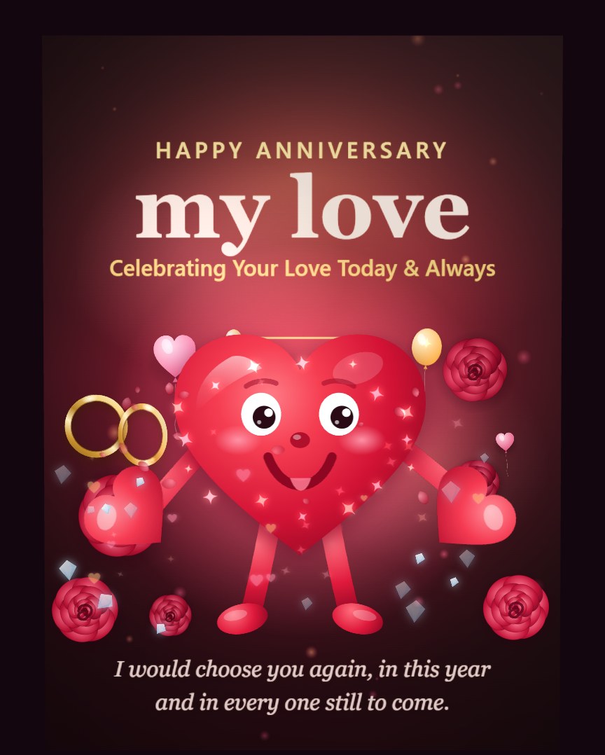Heart Hug Anniversary — A smiling red heart among roses and gold rings pops out of the card to give them a hug. An anniversary card for the person you love.