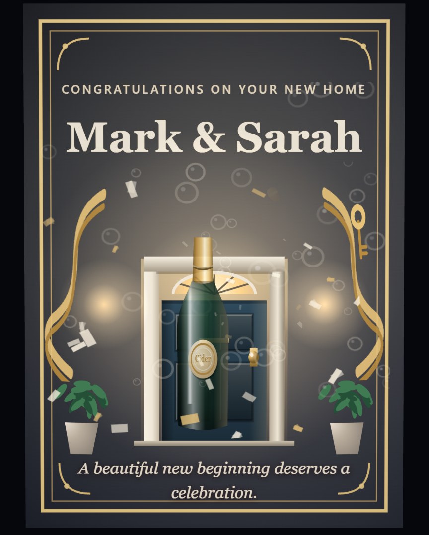 Congratulations on Your New Home — A champagne bottle opens at an elegant lit front door, with confetti, gold ribbon and a house key, and their names above it. A new home card for a housewarming, a first house or the day the keys change hands.