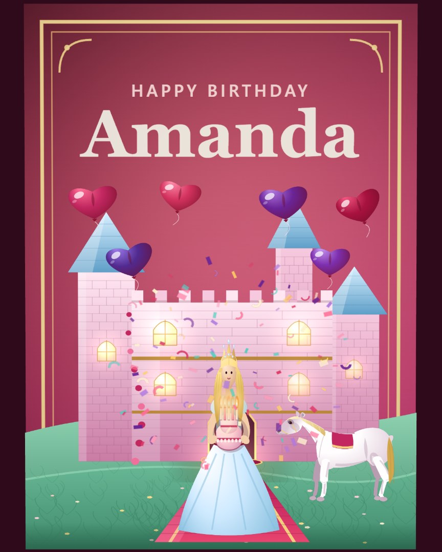 Princess Castle Birthday — A princess leaves her lit castle window, a red carpet rolls out of the door below and she walks out carrying a birthday cake while confetti bursts around her. Heart balloons drift over the towers and her white horse waits on the lawn.