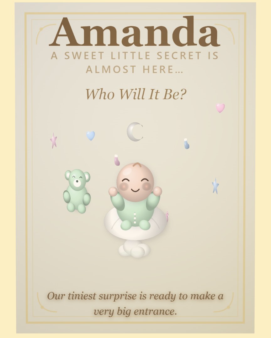 A Sweet Surprise card cover: A baby sits on a cloud among slowly drifting pastel hearts, stars and stork bundles, in equal pink and blue so the front gives nothing away. THE VIDEO MESSAGE IS THE REVEAL: the card stays neutral until the person you send it to presses play.