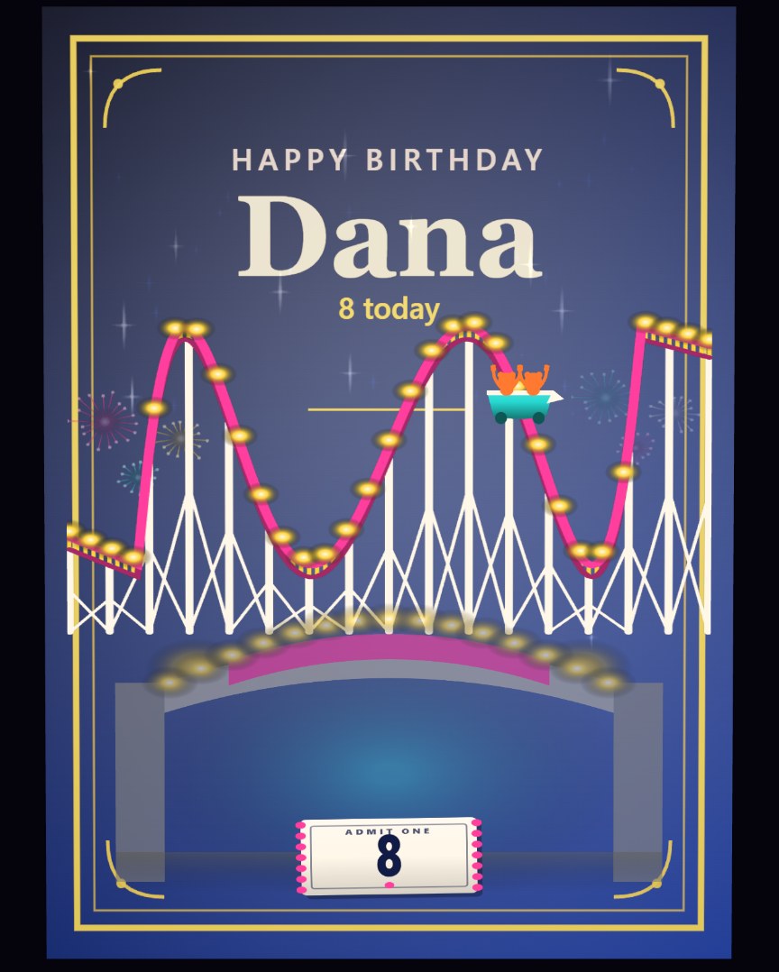 The Roller Coaster — A roller coaster rides the night sky over a lit fairground, with their name above it and their age on an admit-one ticket. A birthday card for anyone who runs to the front of the queue.