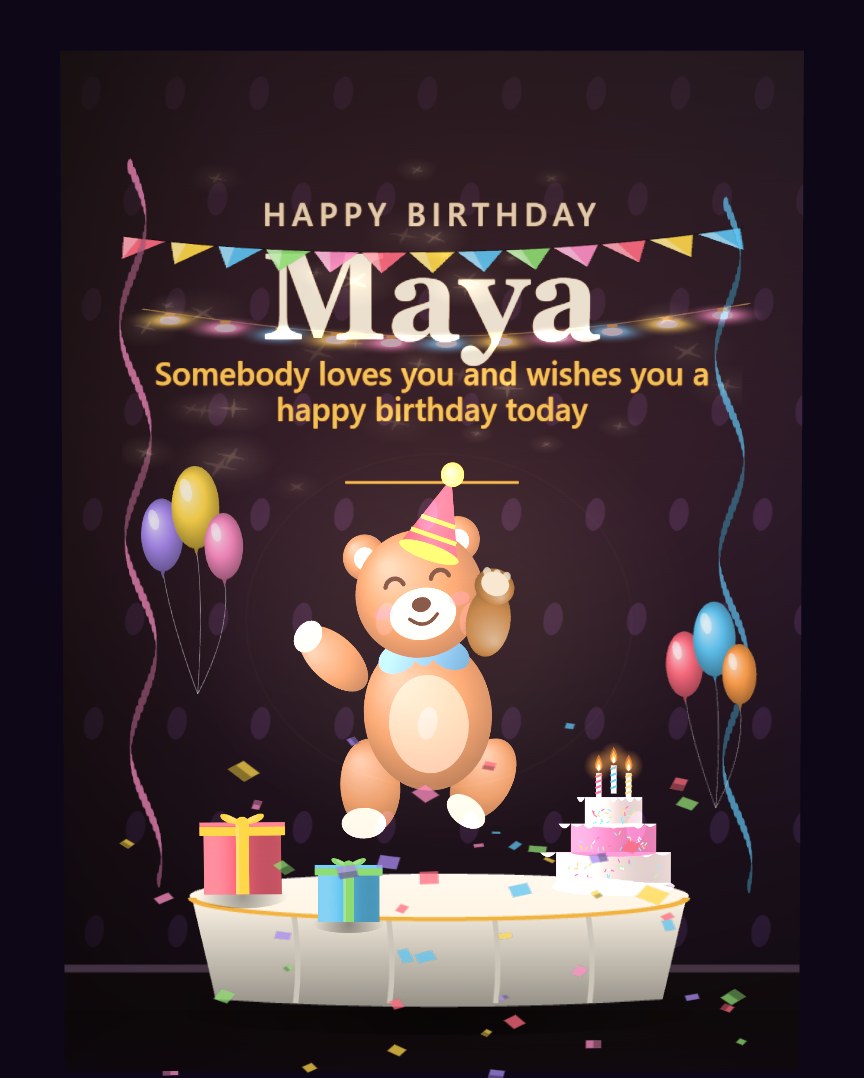 Happy Birthday, Bear — A teddy bear in a party hat dances on a birthday stage with balloons, presents and cake. A warm birthday card for any age.